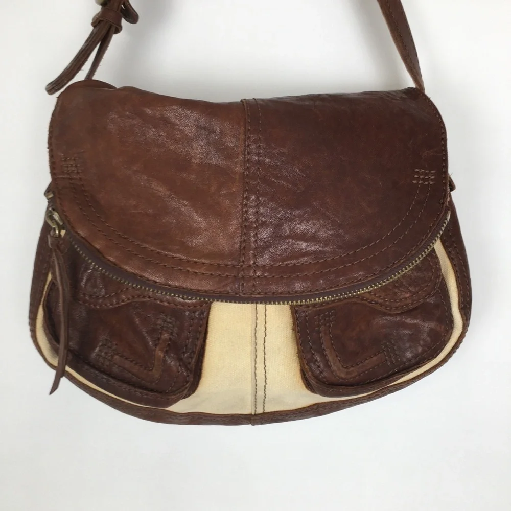 Lucky Brand Italian Leather & Canvas Shoulder Bag Brown Tan Hobo Bag Purse